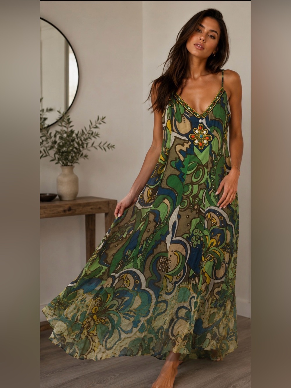 Green Floral Print V-Neck Women's Dress